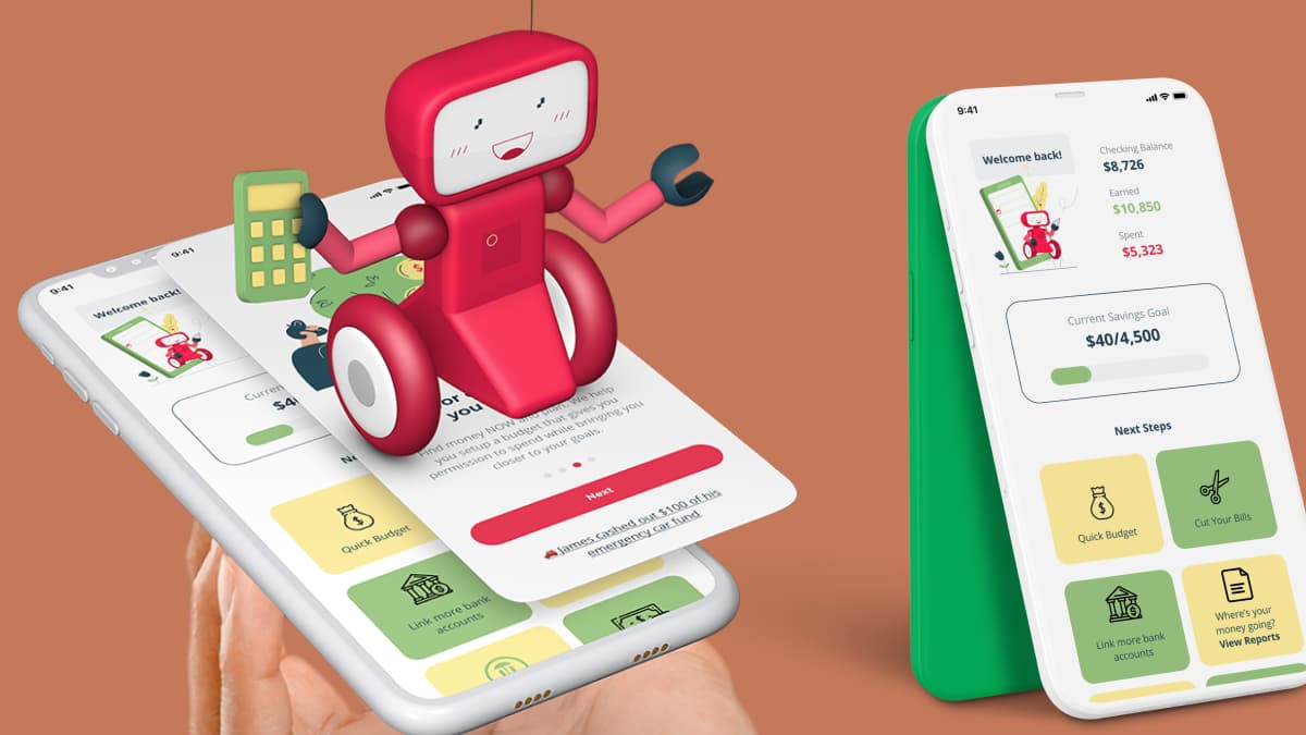 AI-enabled fintech mobile app showing a friendly robot mascot, financial dashboard with checking balance, savings goals, and budgeting tools